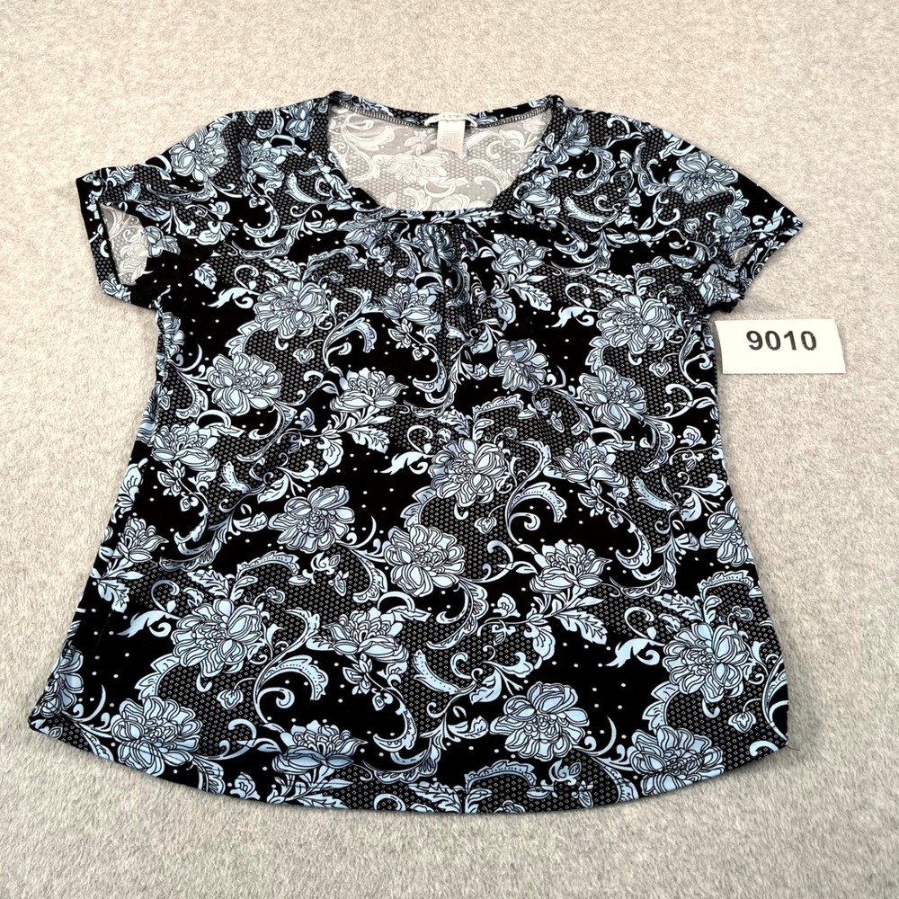 Emily Stacy Blouse Top Women Large Black White Floral Stretch Pleated Round Neck